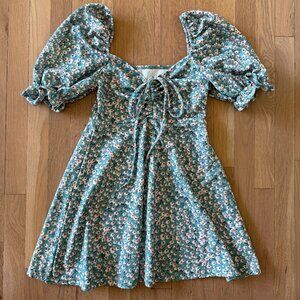 Green and Peach Floral Puff Sleeve Dress Small
